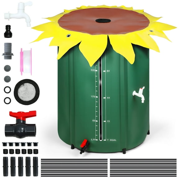 Sunflower Style 100 Gallon Collapsible Rain Barrel, PVC Folding Water Bucket for Garden Irrigation, Portable Rainwater Collection System with 1000D Oxford Cloth, Spigot, Overflow Kit, Mesh Top