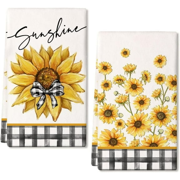 Sunflower Summer Kitchen Towels Dish Towels Set of 2,Black Buffalo Plaid Sunshine Hand Towels 18x26 Inch Drying Dishcloth,Farmhouse Home Seasonal Holiday Summer Decorations AD296