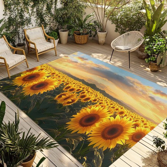 Sunflower Summer Outdoor Rug 3x5 Ft - Reversible Patio Rug Outdoor Camping Rugs, Vintage Farmhouse Sunset Botanical Washable Indoor Outdoor Area Rugs, Non-Slip Outdoor Carpet Runner for Deck/Porch