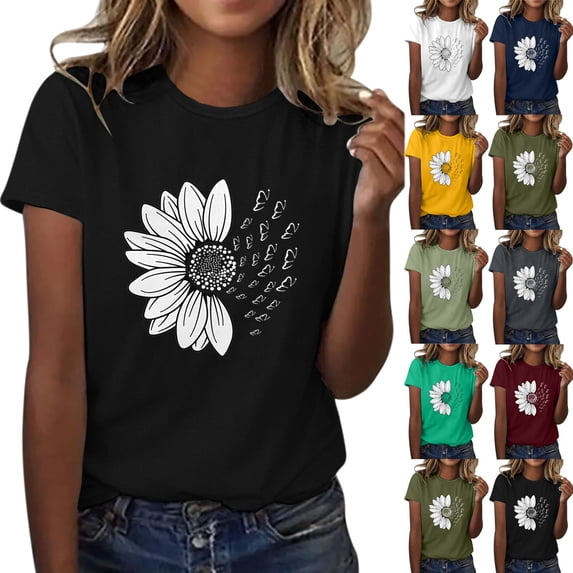 Sunflower Summer T Shirts for Women Short Sleeve Graphic Tee Casual Relaxed Fit Breathable Tops Green XXL