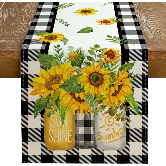 Sunflower Summer Table Runner 13x36 Inch, Black Buffalo Check Mason Jar Farmhouse Rustic Holiday Runners, Kitchen Dining Table Decoration for Indoor Outdoor Dinner Party Décor