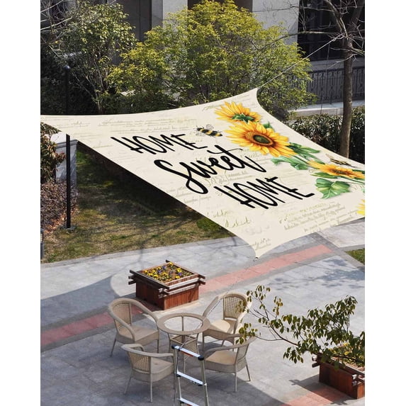 Sunflower Sun Shade Sail 8'x10' Rectangle Outdoor Shade Canopy, Summer Botanical Bee Farmhouse Watercolor Porch Shades Outdoor Sun Blocking Screen, Sunshade Cloth Covers for Patio/Deck/Garden