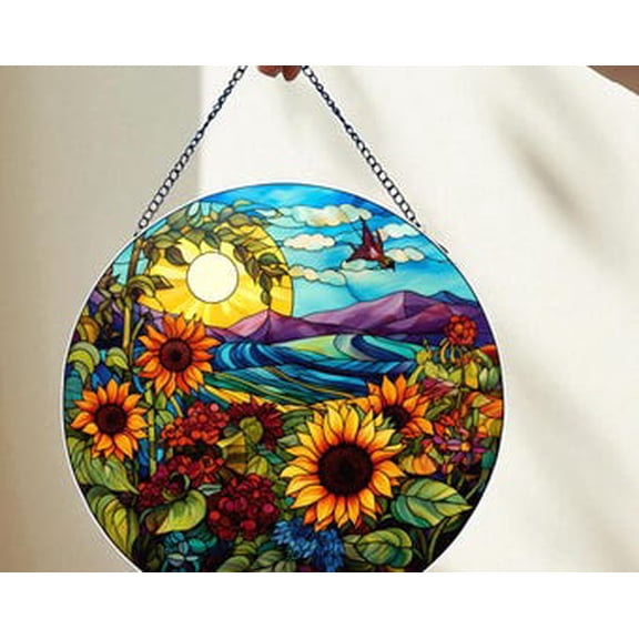 Sunflower Suncatcher, Glass Style Window Hanging, Bright Floral Sun Catcher Decor, Nature Inspired Glass Art Panel, Unique Gift Idea, 6.3 in