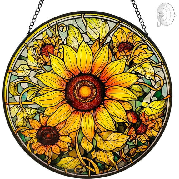 Sunflower Suncatcher Stained Glass Window Hanging Ornaments - Handmade Sun Catchers Indoor Window Outdoor Garden Decor - Wall Art Sun Flower Glass Panel with Hooks - Sunflower Gifts for Women Mom