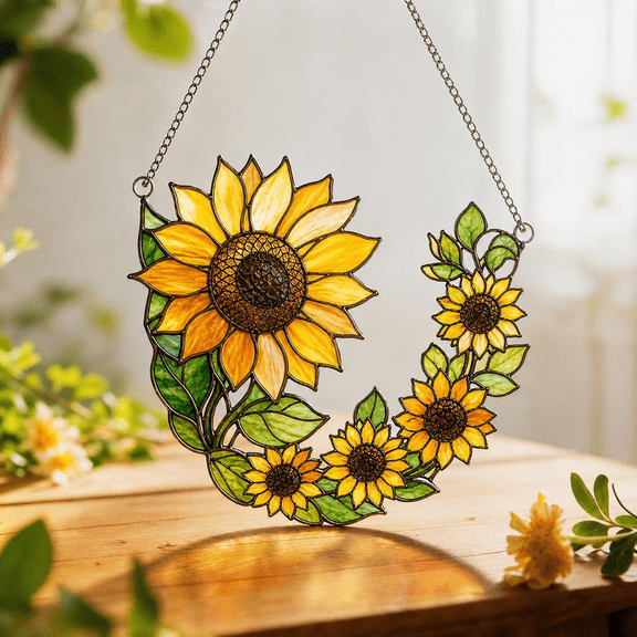 Sunflower Suncatcher Window Hanging Stained Glass Style Gift for Mom or Dad