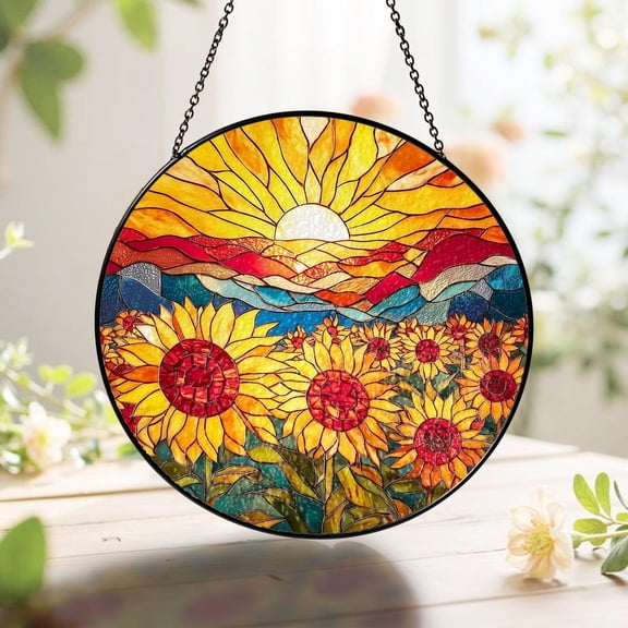 Sunflower Sunset Glass Suncatcher, Nature Inspired Garden Decoration, 3.5 in