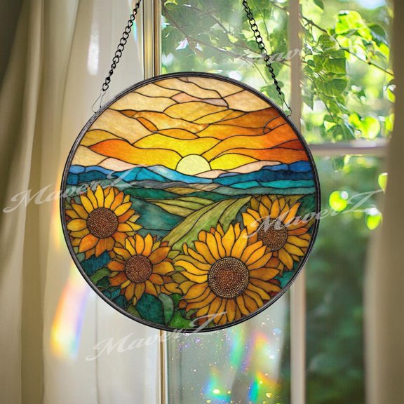 Sunflower Sunset Glass Suncatcher, Round Window Hanging Decor, 3.5 in