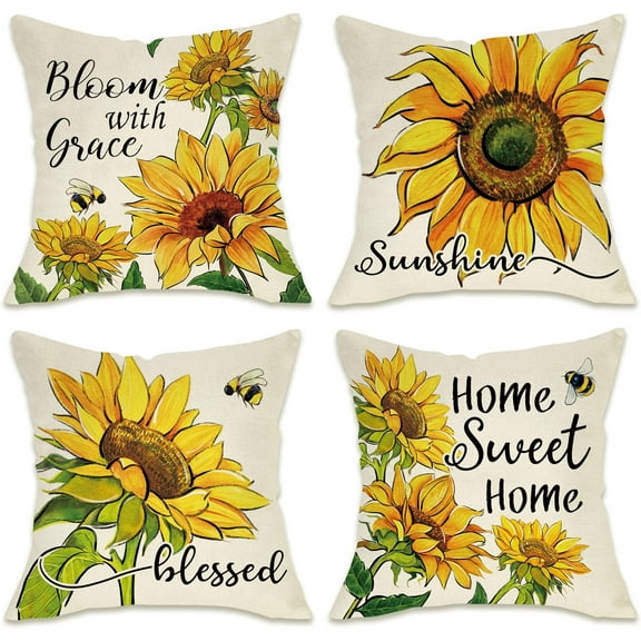 Sunflower Sunshine Decorative Throw Pillow Cover 18 x 18 Set of 4, Spring Summer Home Sweet Home Blessed Porch Patio Outdoor Pillowcase, Fall Autumn Flower Farmhouse Couch Cushion Case Decor