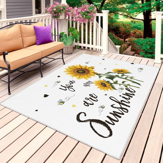 Sunflower Sunshine Outdoor Rug 5x7 Ft, Non Slip Washable Area Rug, Pastoral Bees Farmhouse Floral Patio Rugs Carpet Runner, Large Floor Mat for Indoor/Outdoor Deck Porch Camping