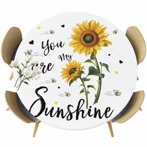 Sunflower Sunshine Round Tablecloth, Fitted Table Cover with Elastic for 45"-54" Round Tables, Pastoral Bees Farmhouse Floral Table Cloth Outdoor Indoor Dinning Party Waterproof Tablecloths
