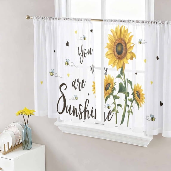 Sunflower Sunshine Sheer Curtains 54 Inch Length 2 Panels for Living Room, Pastoral Bees Farmhouse Floral Voile Kitchen Curtain Set, Luxury Privacy Drapes Window Treatment for Bedroom