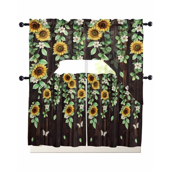 Sunflower Swag Curtains for Living Room/Bedroom Windows, Butterfly Flowers Green Leaf Brown Wood Grain Kitchen Curtains and Valances Set 36 Inch Length, Light Filtering Swags Valance Curtain Panels