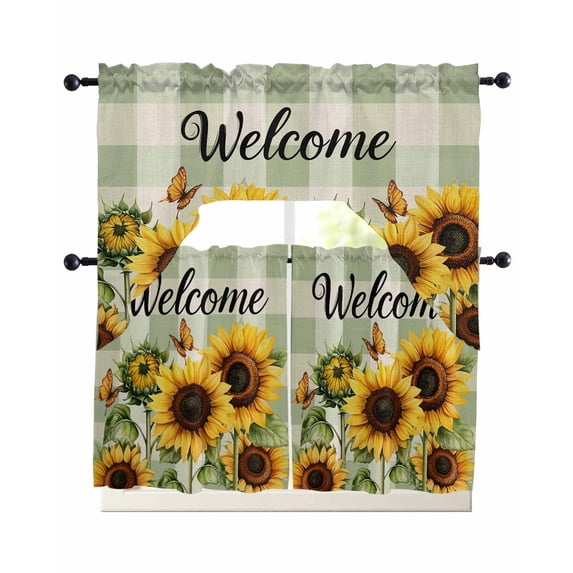 Sunflower Swag Curtains for Living Room/Bedroom Windows, Summer Botanical Floral Sage Green Plaid Kitchen Curtains and Valances Set 36 Inch Length, Light Filtering Swags Valance Curtain Panels