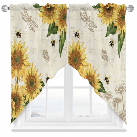 Sunflower Swag Kitchen Curtain Valances, Spring Yellow Sunflowers Floral Leaf Bees Dragonfly Beige Rod Pocket Curtains Window Treatment Decor Valances for Bedroom Bathroom, 2 Panels 28 x 36 Inch
