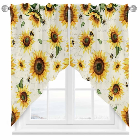 Sunflower Swag Kitchen Curtain Valances, Spring Yellow Sunflowers Floral Leaf Bees Newspaper Texture Rod Pocket Curtains Window Treatment Decor Valances for Bedroom Bathroom, 2 Panels 36 x 36 Inch