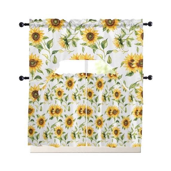 Sunflower Swag Kitchen Curtains Sets for Windows 24 Inch Length, Farmhouse Flowers Summer Botanical Short Window Curtain Panels Swags Valances and Tiers 3 Piece Set for Cafe/Dining Room
