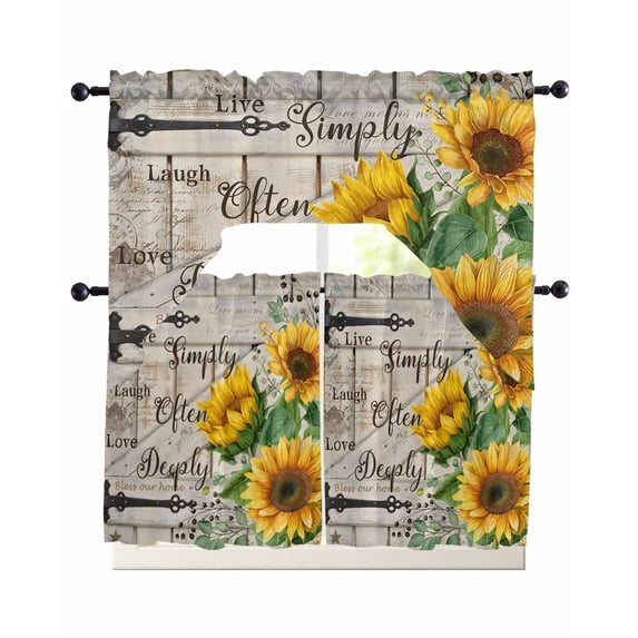 Sunflower Swag Kitchen Curtains Sets for Windows 24 Inch Length, Yellow Flowers Summer Botanical Wooden Short Window Curtain Panels Swags Valances and Tiers 3 Piece Set for Cafe/Dining Room
