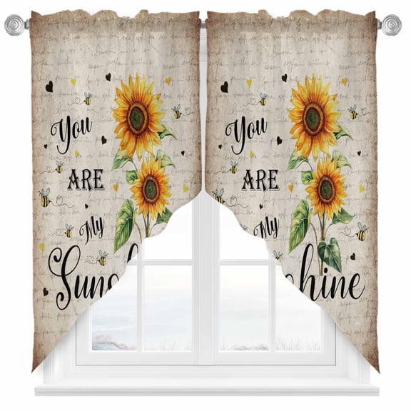 Sunflower Swag Valances for Windows 2 Pack Bee Sunshine Farmhouse Vintage Old Newspaper Swag Kitchen Curtains 36 Inches Long Rod Pocket Short Window Treatment for Kitchen Bathroom 28"x36"