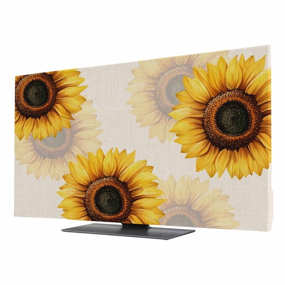 Sunflower TV Dust Cover 24 Inch, Watercolor Yellow Floral Pastoral Retro Linen Texture Computer Monitor Cover Dustproof Stretchable Indoor TV Screen Protector for LED LCD Universal Monitors