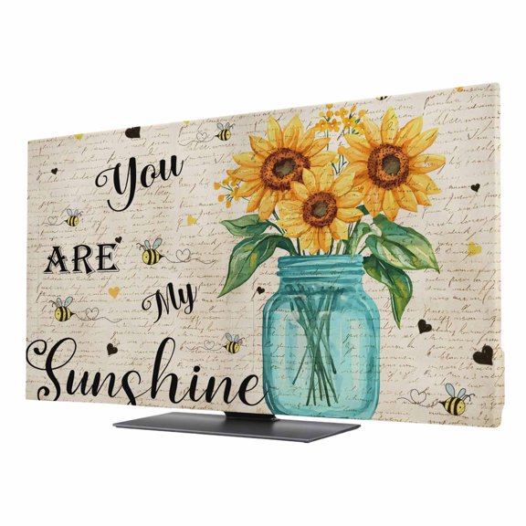 Sunflower TV Dust Cover 24 Inch, You Are My Sunshine Yellow Flower Bee Plant Retro Computer Monitor Cover Dustproof Stretchable Indoor TV Screen Protector for LED LCD Universal Monitors