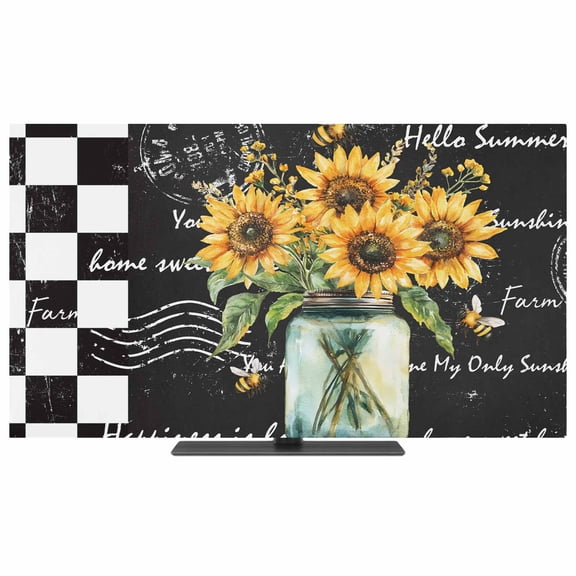 Sunflower TV Dust Cover,Stretchable TV Screen Desktop Computer Protector Cover,Black White Check Farmhouse Bee Vase Floral Television Dustproof Slipcover for 19–24 Inch Flat or Curved TVs