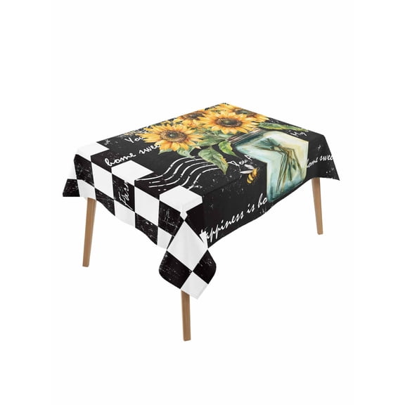 Sunflower Table Cloth, Black White Check Farmhouse Bee Vase Floral Waterproof Tablecloth for Rectangle Tables, Reusable Washable Fabric Table Cover for Restaurant Kitchen Dining Tables 60"x102"