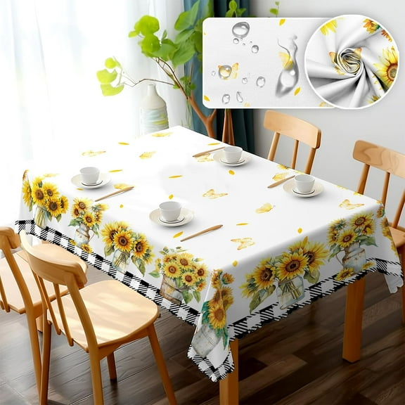 Sunflower Table Cloth, Buffalo Plaid Butterfly Tablecloth, Washable Sunflower Rectangle Table Cover for Kitchen Party, Spring Summer Tablecloth for Indoor Outdoor Decor60x86 Inch