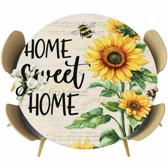 Sunflower Table Cloth, Round Fitted Tablecloths with Elastic Edge, Summer Botanical Bee Farmhouse Watercolor Wipeable Waterproof Table Cover for Kitchen Wedding 36-44 Inches