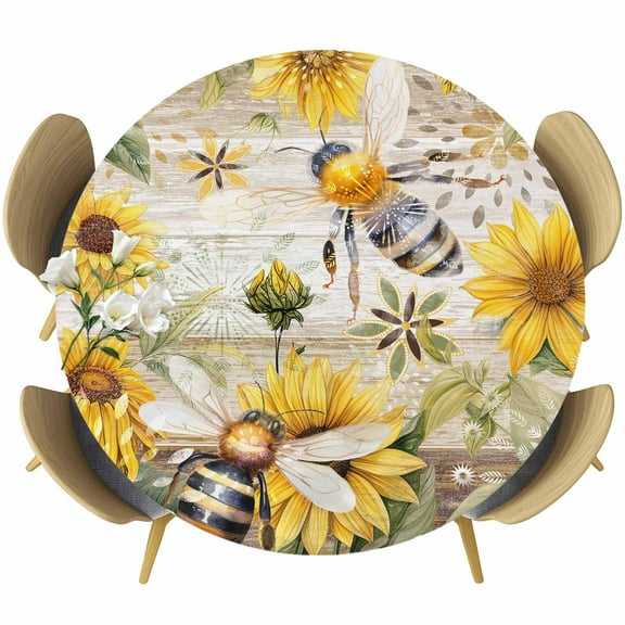 Sunflower Table Cloth, Round Fitted Tablecloths with Elastic Edge, Vintage Summer Bee Botanical Farmhouse Wipeable Waterproof Table Cover for Kitchen Wedding 36-44 Inches
