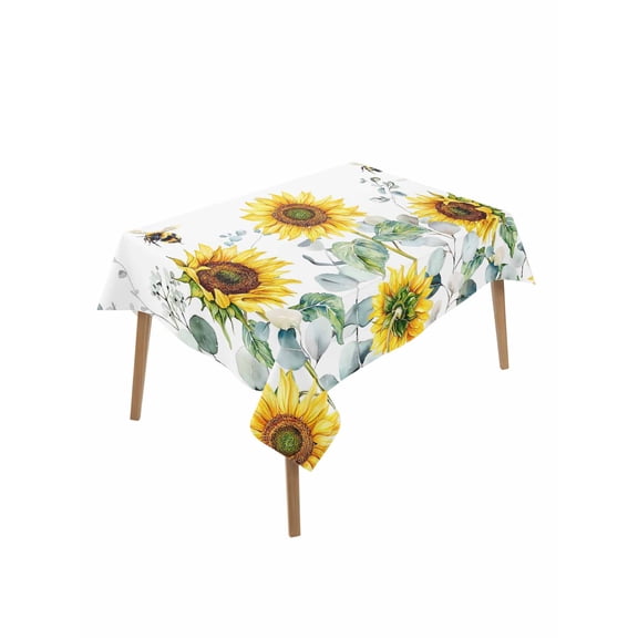 Sunflower Table Cloth, Sage Green Summer Botanical Eucalyptus Farmhouse Bee Waterproof Tablecloth for Rectangle Tables, Washable Fabric Table Cover for Restaurant Kitchen Dining Tables 52"x70"