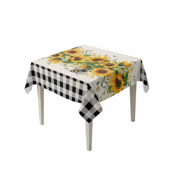 Sunflower Table Cloth, Summer Botanical Bee Rustic Black Plaid Waterproof Tablecloth for Square Tables, Reusable Washable Fabric Table Cover for Restaurant Kitchen Dining Tables 60"x60"