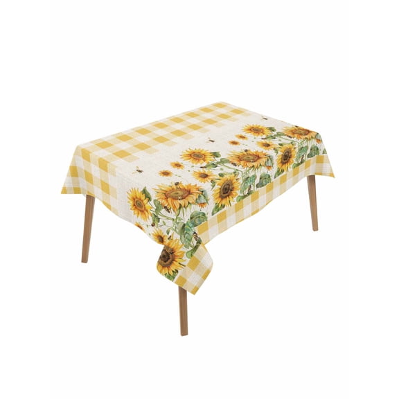 Sunflower Table Cloth, Waterproof Tablecloth for Rectangle Tables, Retro Buffalo Plaid Yelloe Beige Country Bee Reusable Washable Fabric Table Cover for Restaurant Kitchen Dining Tables 60"x102"