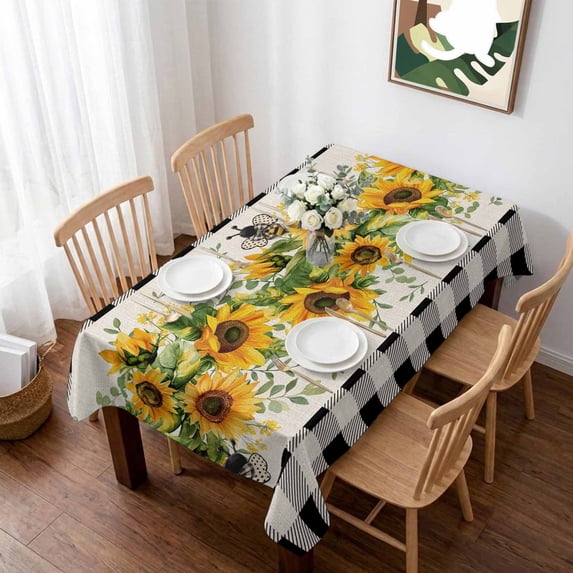 Sunflower Table Cloth Waterproof Tablecloths, Summer Botanical Bee Rustic Black Plaid Tablecloth Dining Table Cover for Kitchen Party Tabletop Outdoor, Rectangle Tablecloth 52x70 Inch