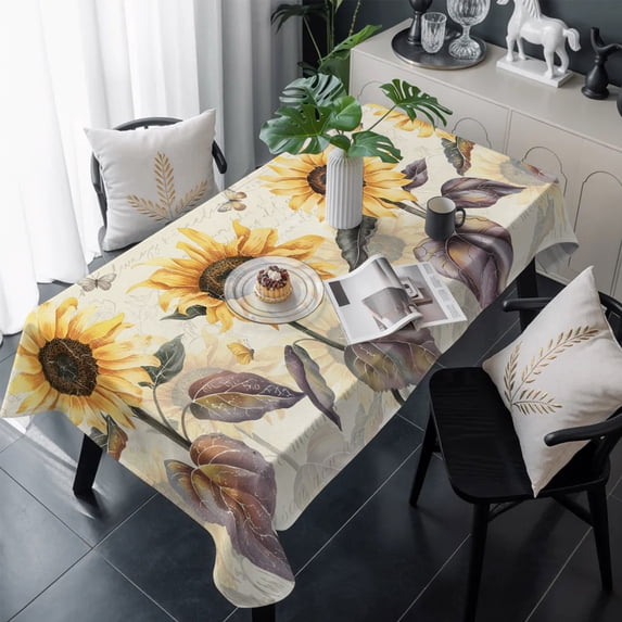 Sunflower Table Cloth Waterproof Tablecloths, Yellow Summer Botanical Floral Farmhouse Tablecloth Dining Table Cover for Kitchen Party Tabletop Outdoor, Rectangle Tablecloth 60x120 Inch
