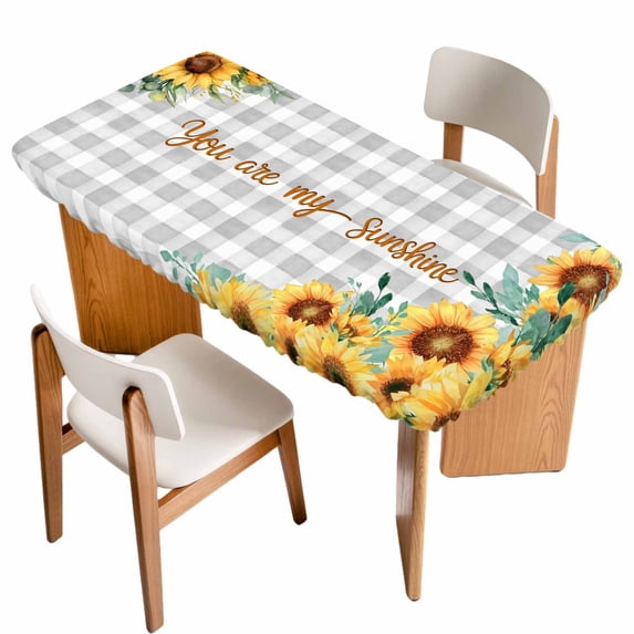 Sunflower Table Cloths for 3 Foot Rectangle Tables, Summer Botanical Checkered Yellow Floral Patio Waterproof Elastic Fitted Tablecloths, Washable Rectangular Table Cover for Camping