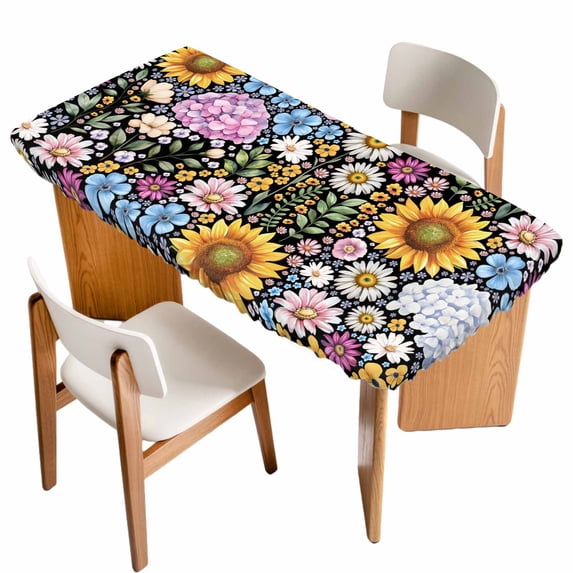 Sunflower Table Cloths for 5 Foot Rectangle Tables, Colorful Flowers Summer Botanical Patio Waterproof Elastic Fitted Tablecloths, Washable Rectangular Table Cover for Camping