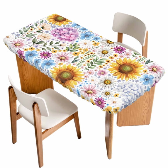 Sunflower Table Cloths for 6 Foot Rectangle Tables, Colorful Flowers Summer Botanical Watercolor Patio Waterproof Elastic Fitted Tablecloths, Washable Rectangular Table Cover for Camping