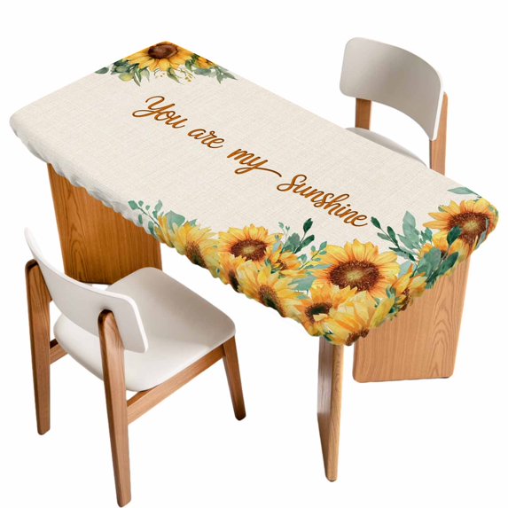 Sunflower Table Cloths for 6 Foot Rectangle Tables, Summer Botanical Farmhouse Yellow Floral Rustic Patio Waterproof Elastic Fitted Tablecloths, Washable Rectangular Table Cover for Camping