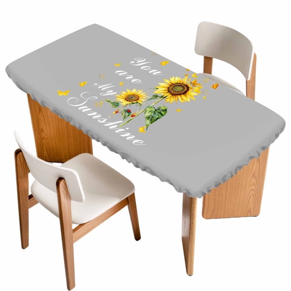 Sunflower Table Cloths for 6 Foot Rectangle Tables, Vintage Botanical Patio Waterproof Elastic Fitted Tablecloths, Washable Rectangular Table Cover for Camping