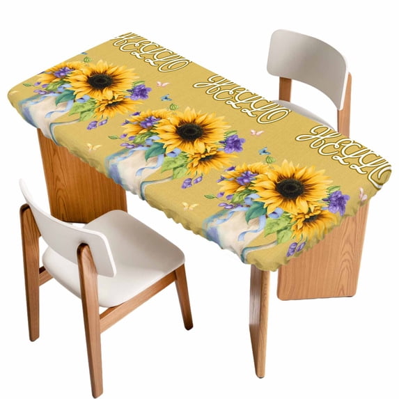 Sunflower Table Cloths for 6 Foot Rectangle Tables, Yellow Flowers Summer Botanical Farmhouse Patio Waterproof Elastic Fitted Tablecloths, Washable Rectangular Table Cover for Camping