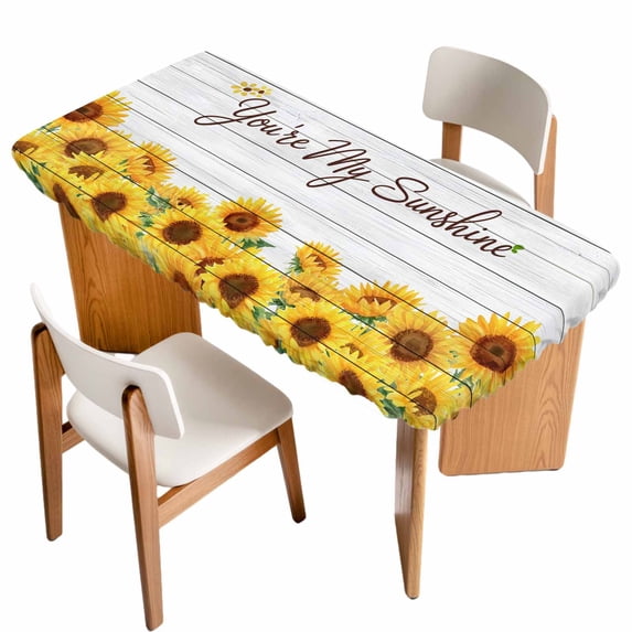 Sunflower Table Cloths for 6 Foot Rectangle Tables, Yellow Summer Botanical Farmhouse Floral Wooden Patio Waterproof Elastic Fitted Tablecloths, Washable Rectangular Table Cover for Camping