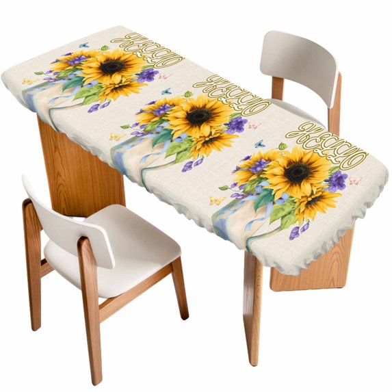 Sunflower Table Cloths for 8 Foot Rectangle Tables, Yellow Flowers Summer Botanical Pastoral Rustic Patio Waterproof Elastic Fitted Tablecloths, Washable Rectangular Table Cover for Camping