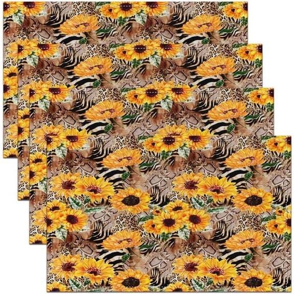 Sunflower Table Place Mats Set of 4 Floral Print Washable Fabric Table Mats Placemat Leopard Pattern Kitchen Party Decor Table Mats Decor Cheetah Safari Yellow Brown Placemats for Dining Table 18"x12"