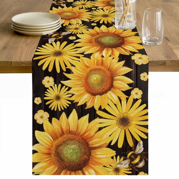 Sunflower Table Runner - 108 Inch Long Yellow Floral Elegant Pastoral Flowers Watercolor Cotton and Linen Blended Dress Scarves Farmhouse Table Runner for Kitchen Dining, Coffee Table, 13" x 108"