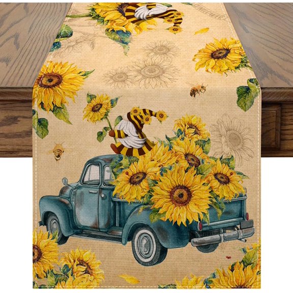 Sunflower Table Runner 13x72 inch, Gnomes Truck Spring Summer Decor for Table, Party, Home - Farmhouse Sunflower Party Decroations