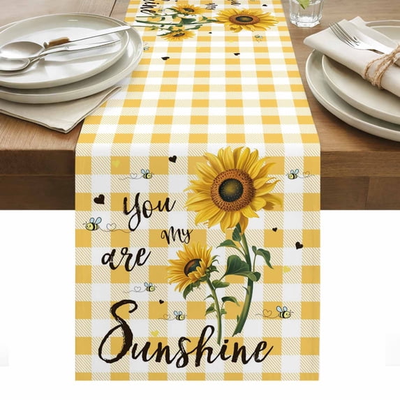 Sunflower Table Runner - 36 Inch Long, Kitchen Dining Table Runner Dresser Scarves, Yellow Plaid Lattice You Are My Sunshine Farmhouse Decor for Coffee Tables Wedding Party Banquet