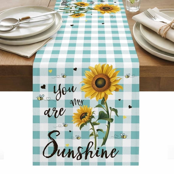 Sunflower Table Runner - 48 Inch Long, Kitchen Dining Table Runner Dresser Scarves, Teal Green Check You Are My Sunshine Bee Farmhouse Decor for Coffee Tables Wedding Party Banquet