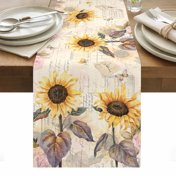 Sunflower Table Runner - 48 Inch Long, Kitchen Dining Table Runner Dresser Scarves, Yellow Summer Botanical Farmhouse Flower Farmhouse Decor for Coffee Tables Wedding Party Banquet