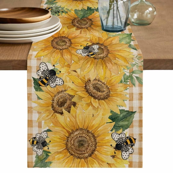 Sunflower Table Runner 48 Inches, Green Botanical Yellow Floral Rustic Plaid Bed Runner Dresser Scarves Tabletop for Indoor Outdoor Parties/Ceremony/Banquet, 13" x 48"