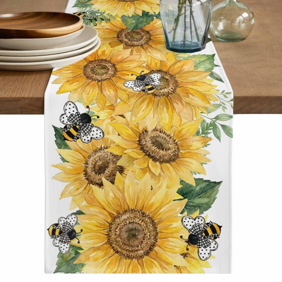 Sunflower Table Runner 48 Inches, Green Botanical Yellow Floral Summer Bed Runner Dresser Scarves Tabletop for Indoor Outdoor Parties/Ceremony/Banquet, 13" x 48"